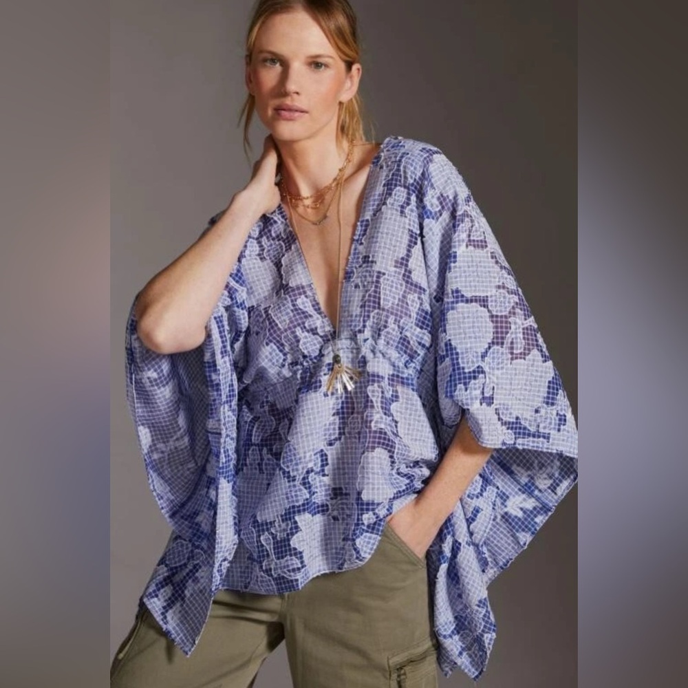 Anthropologie Tie Front Blue Floral Caftan